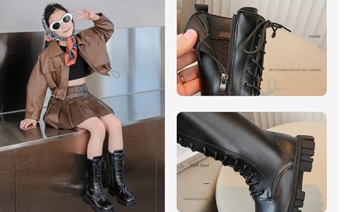 Girls Lace Up Riding Boots Mid Calf Combat Boot, PU Leather